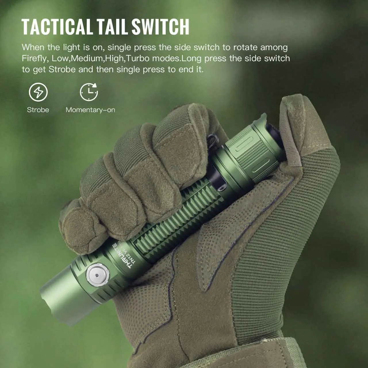 ThruNite BSS V6 Pro Green 1705 Lumen Rechargeable Tactical LED Torch held in a hand, highlighting the tactical tail switch.