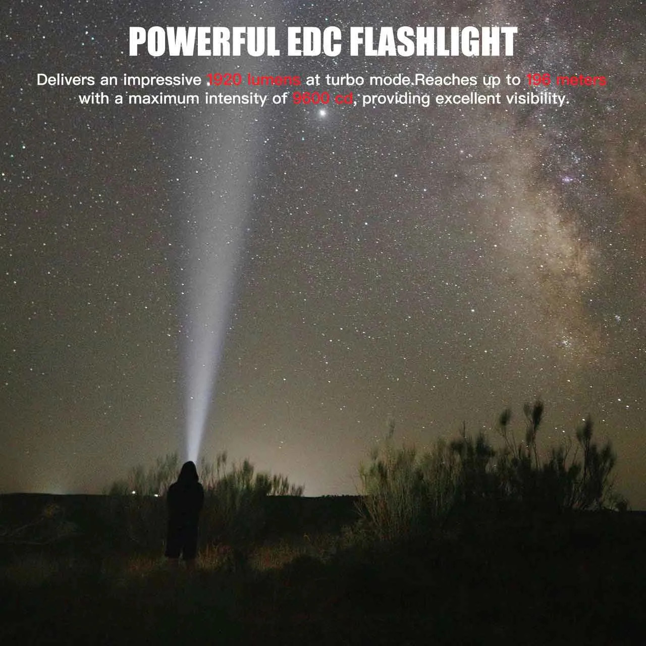 ThruNite T1 Pro 1920 Lumen Compact USB-C Rechargeable LED Torch illuminating a night sky, showcasing its powerful beam.