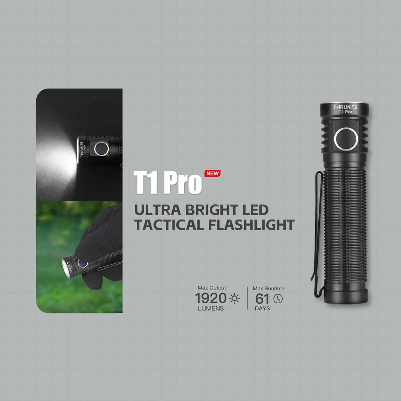 ThruNite T1 Pro 1920 Lumen Compact USB-C Rechargeable LED Torch, an ultra-bright tactical flashlight with 1920 lumens output.