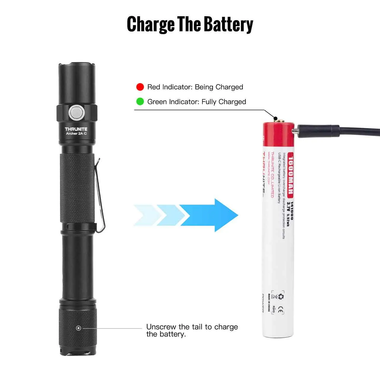 Diagram showing how to charge the Thrunite Archer 2A C 1018 lumen EDC LED Penlight by unscrewing the tail.