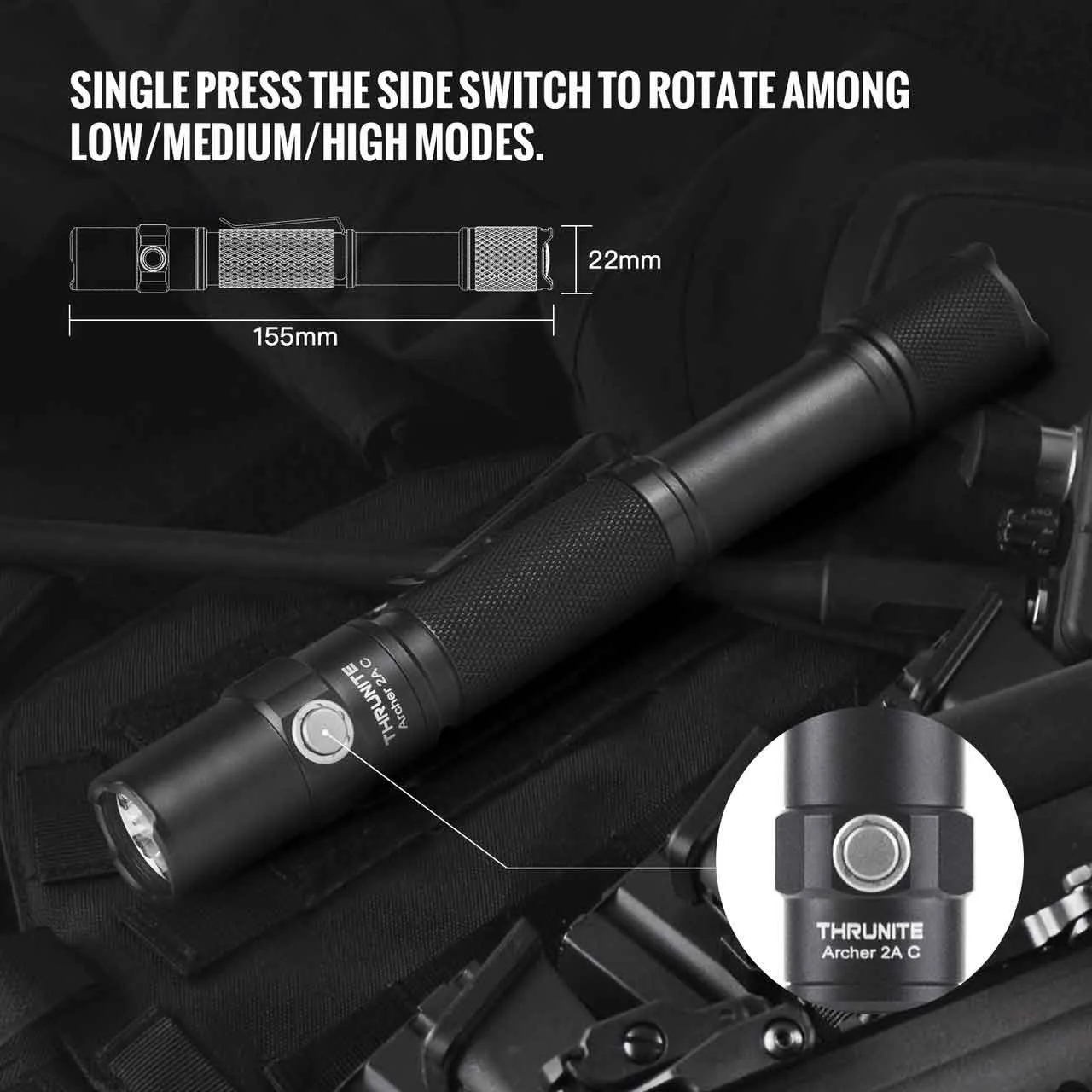 Thrunite Archer 2A C 1018 lumen EDC LED Penlight with dimensions and a close-up of its side switch for mode rotation.