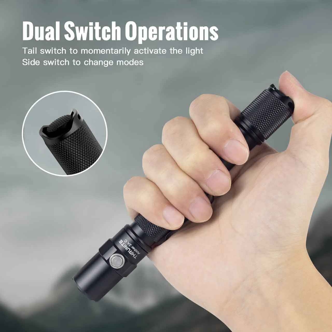 Hand holding the Thrunite Archer 2A C 1018 lumen EDC LED Penlight, demonstrating its dual switch operations.