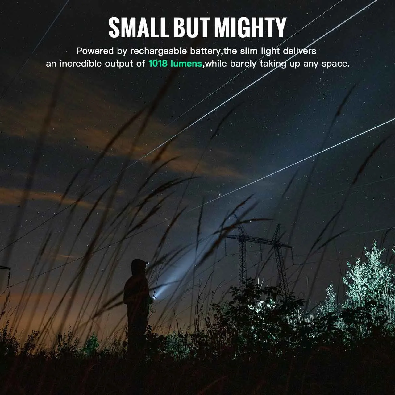 Person using the Thrunite Archer 2A C 1018 lumen EDC LED Penlight at night in a field, showcasing its powerful beam.
