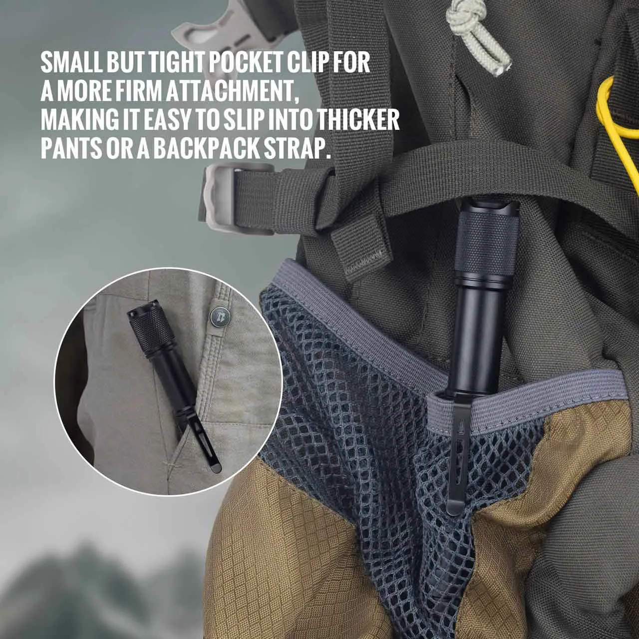 Thrunite Archer 2A C 1018 lumen EDC LED Penlight clipped to a backpack strap and a pant pocket, showing its tight clip.