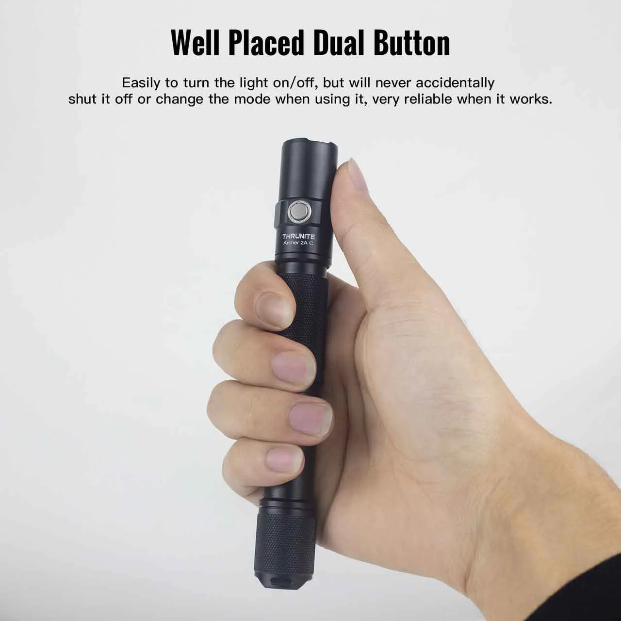 Hand holding the Thrunite Archer 2A C 1018 lumen EDC LED Penlight, highlighting its well-placed dual button.