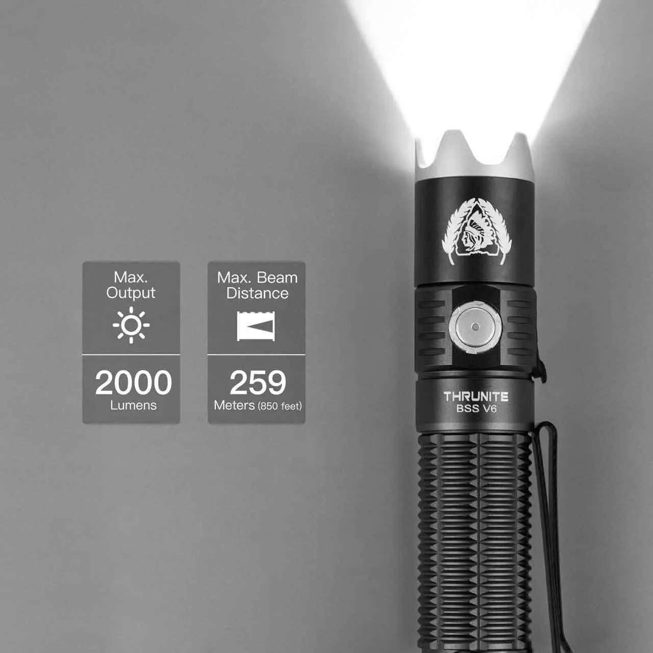 Thrunite BSS V6 'Black Scout Survival' 2000 lumen Rechargeable EDC Torch shining light, highlighting output and beam.