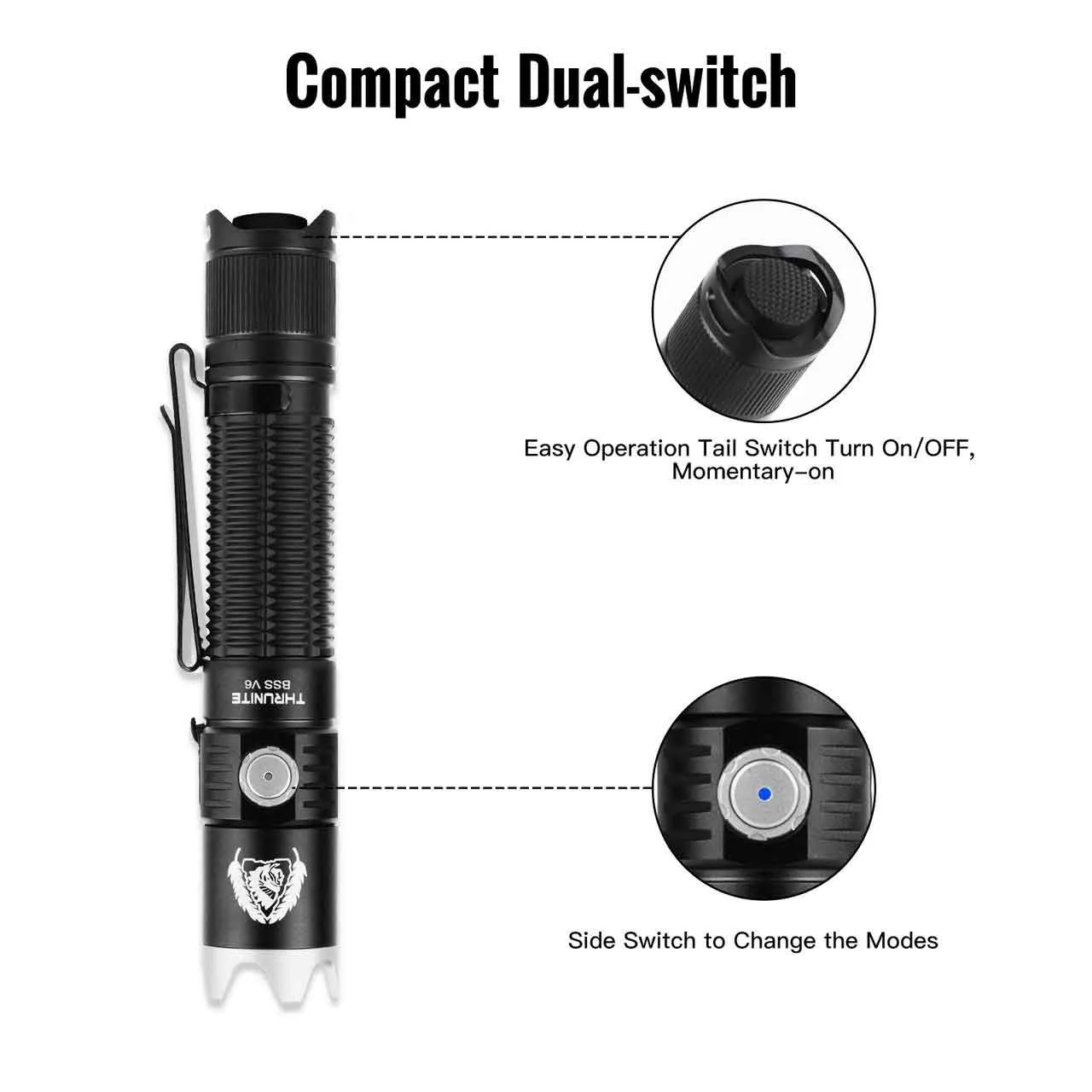 Thrunite BSS V6 'Black Scout Survival' 2000 lumen Rechargeable EDC Torch with dual tail and side switch controls.