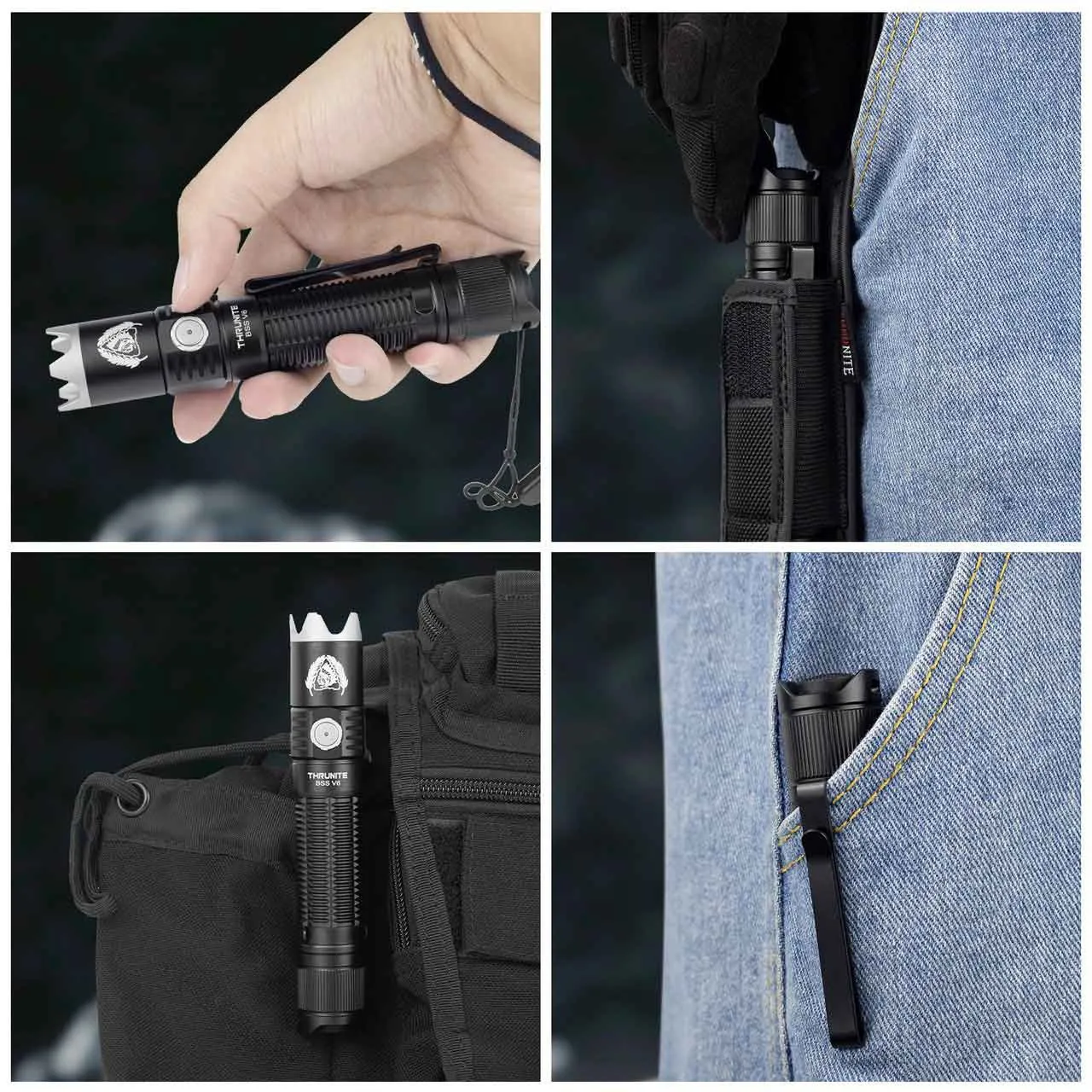 Thrunite BSS V6 'Black Scout Survival' 2000 lumen Rechargeable EDC Torch in various carry and in-use scenarios.