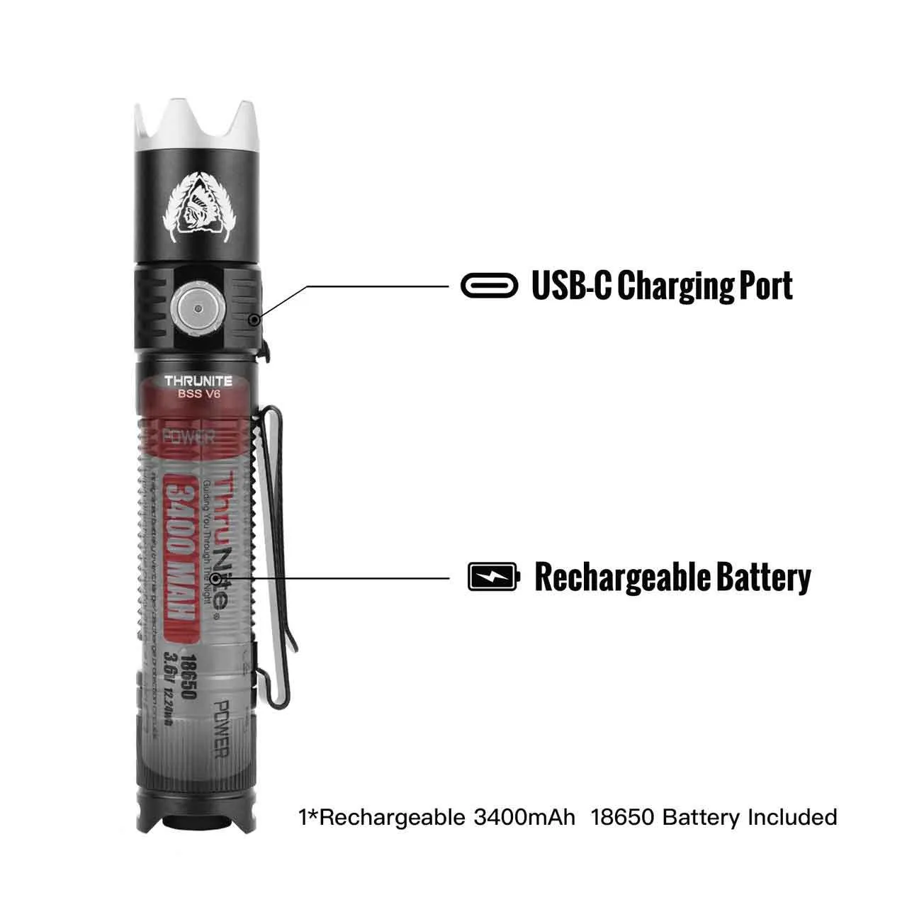 Thrunite BSS V6 'Black Scout Survival' 2000 lumen Rechargeable EDC Torch with USB-C charging port and 18650 battery.