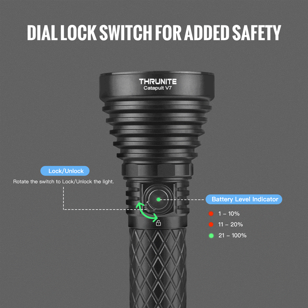 ThruNite Catapult V7 flashlight showing the dial lock switch and battery level indicator for added safety.