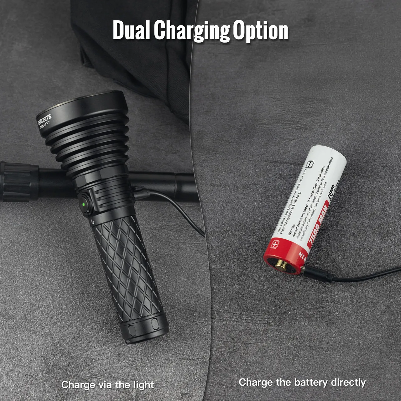ThruNite Catapult V7 flashlight demonstrating dual charging options: via the light or directly charging the battery.