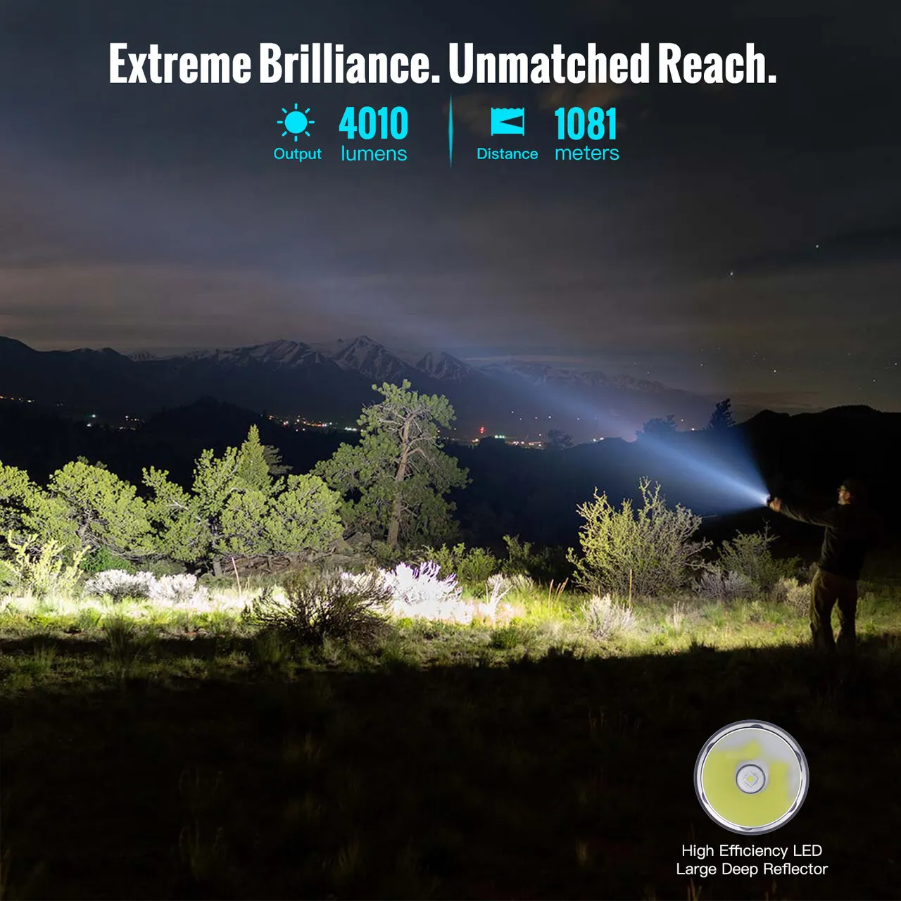 ThruNite Catapult V7 flashlight illuminating a vast outdoor landscape at night, showcasing its 4010 lumens and 1081 meters reach.