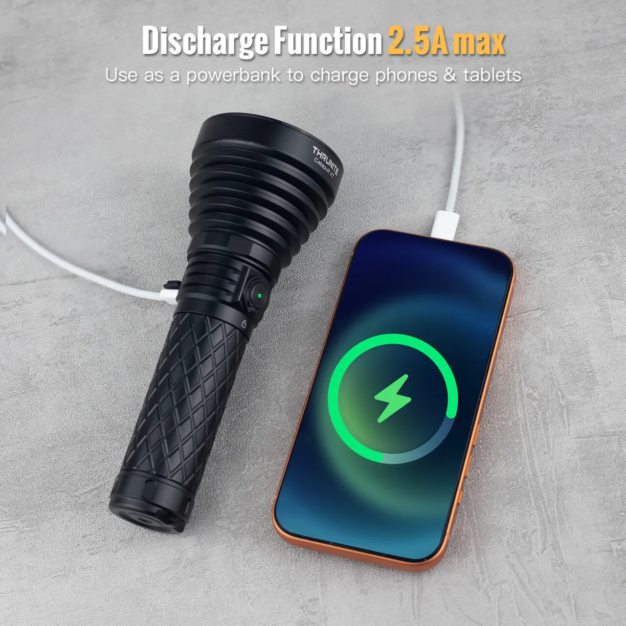 ThruNite Catapult V7 flashlight using its discharge function to charge a smartphone like a power bank.