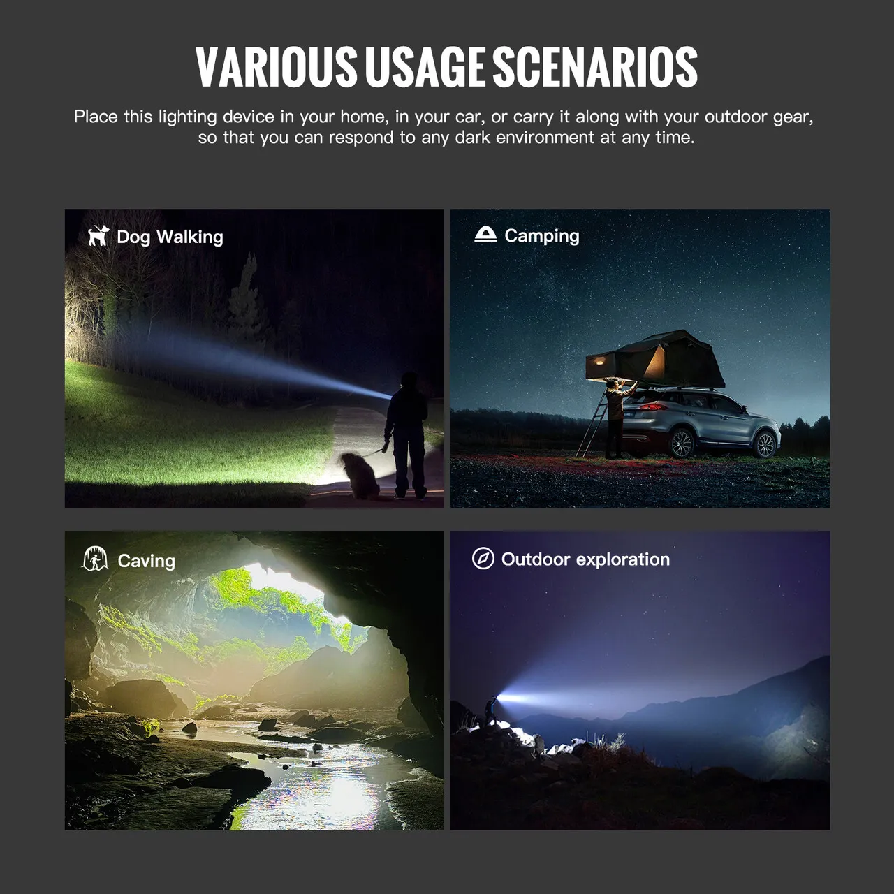 ThruNite Catapult V7 flashlight shown in various usage scenarios: dog walking, camping, caving, and outdoor exploration.