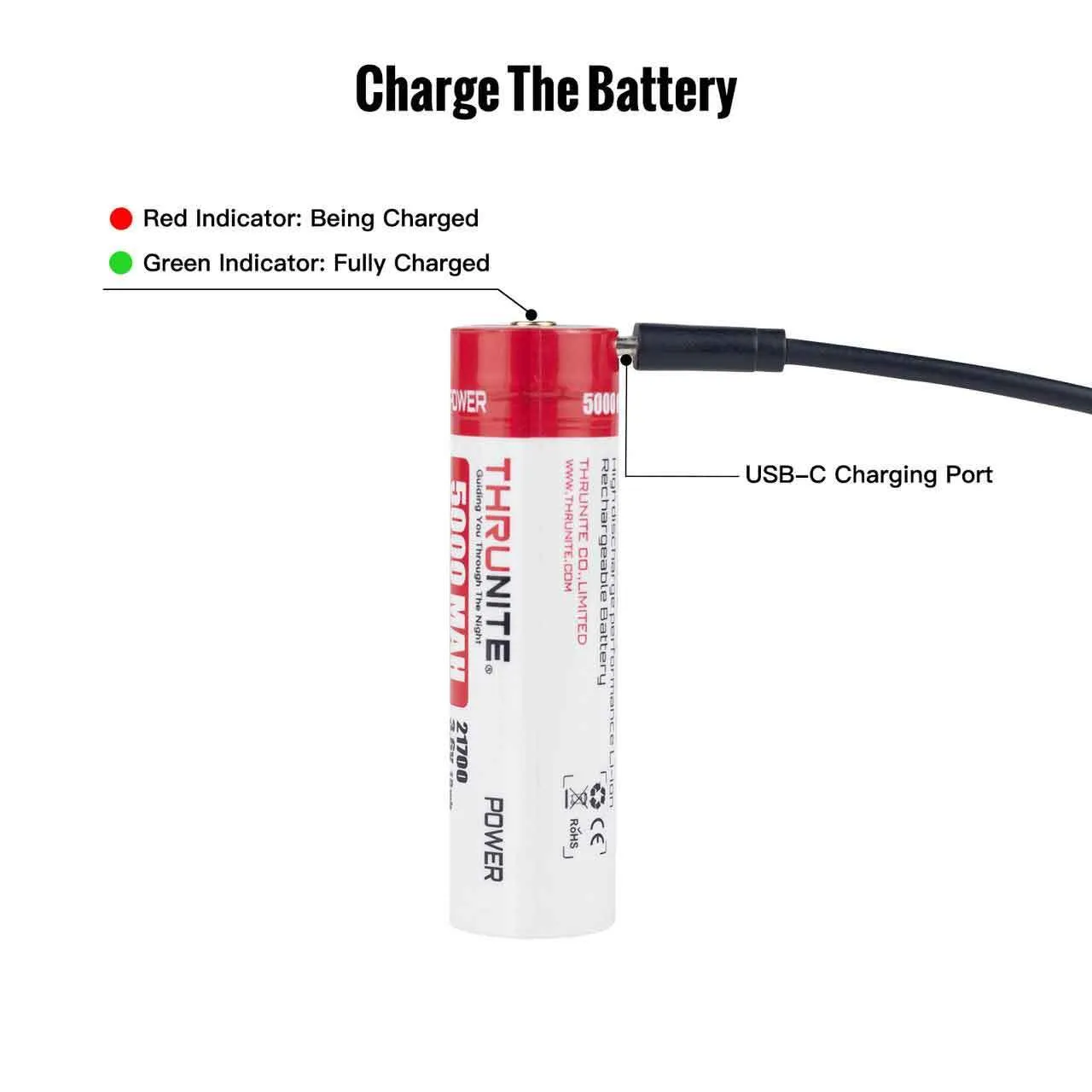 ThruNite TC20 V3 5000mAh 21700 battery charging via USB-C, showing a red indicator light.
