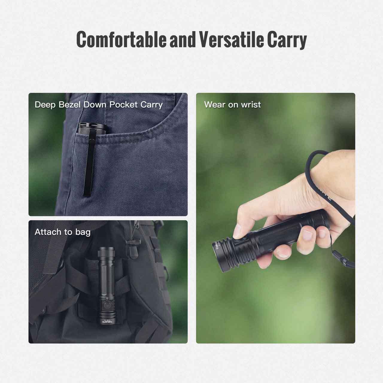 ThruNite TC20 V3 flashlight showing versatile carry options: deep pocket carry, worn on wrist, and attached to a bag.