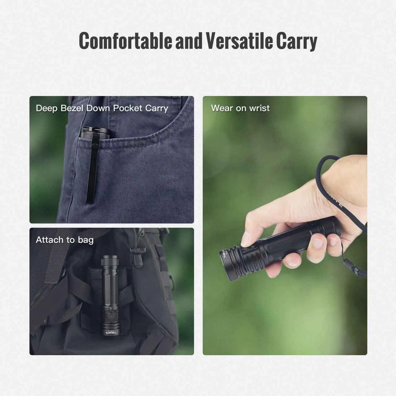 ThruNite TC20 V3 flashlight demonstrating comfortable and versatile carry options: pocket, wrist, backpack.