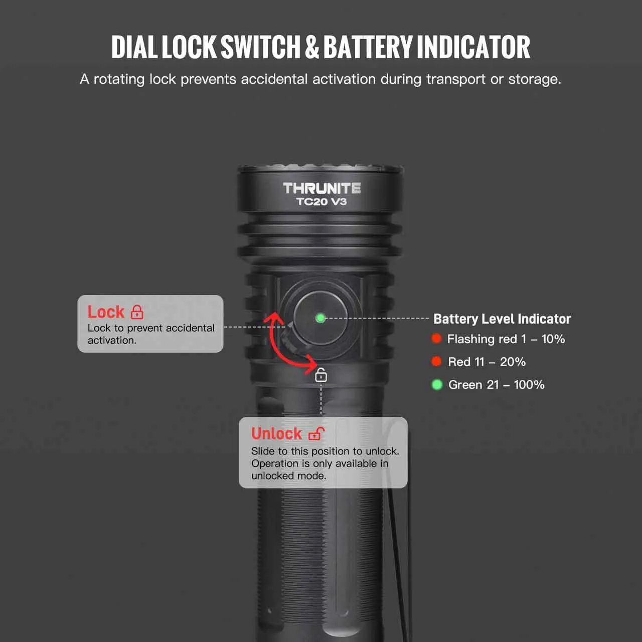 ThruNite TC20 V3 flashlight's dial lock switch and battery level indicator showing green for 21-100% charge.