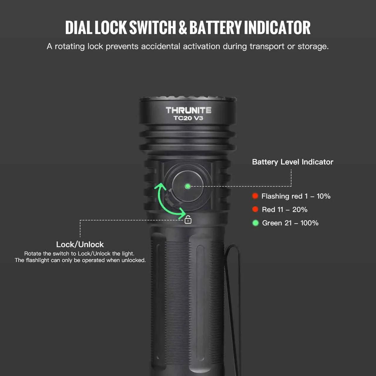 ThruNite TC20 V3 flashlight's dial lock switch and battery level indicator, showing unlock position.