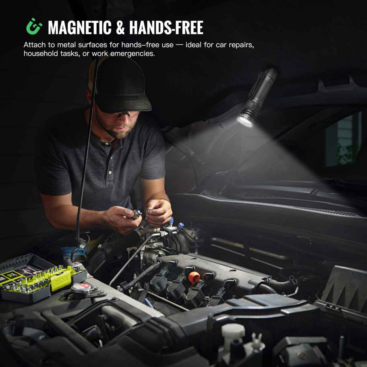 Man using the ThruNite TC20 V3 flashlight magnetically attached to a car hood for hands-free illumination during repair.