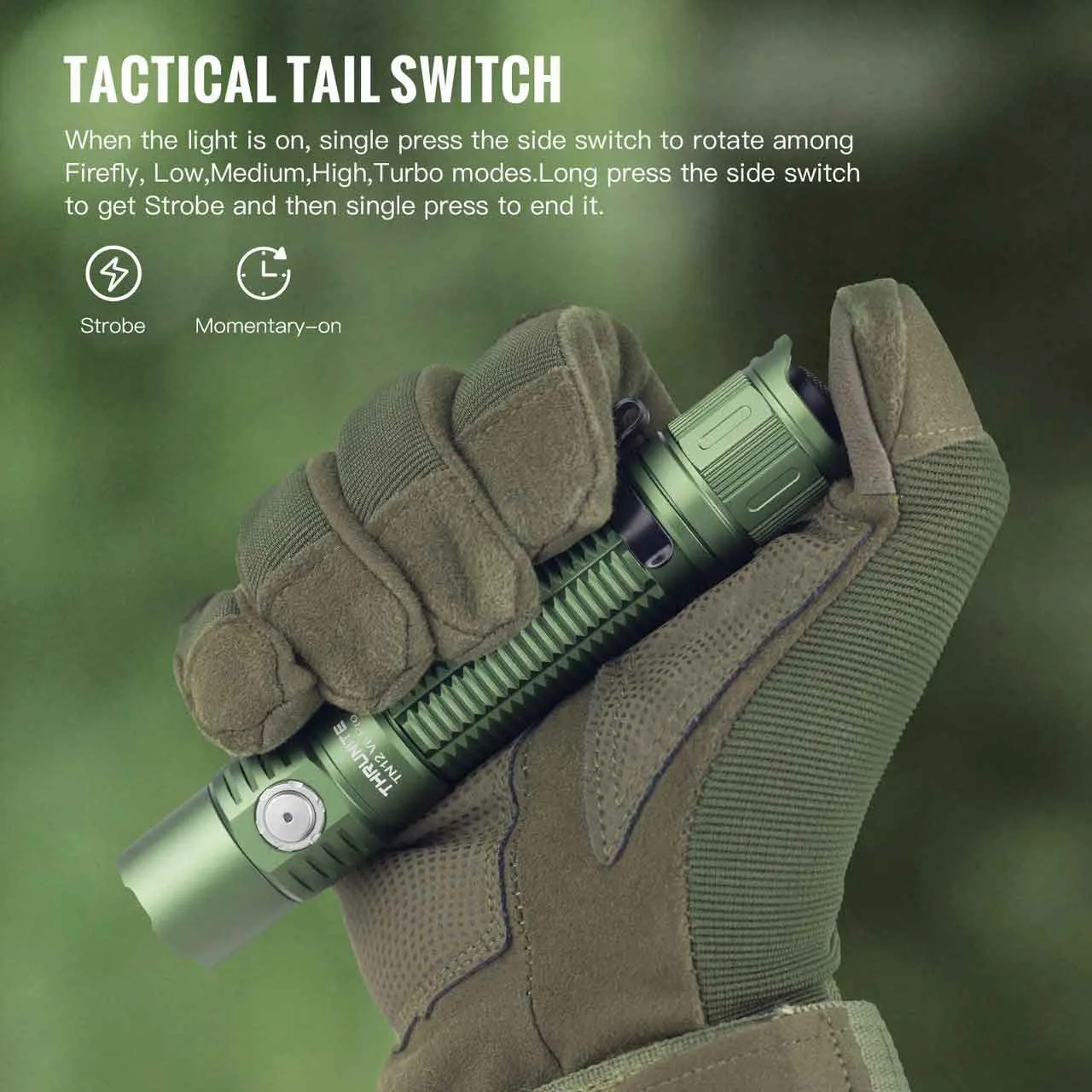 Thrunite TN12 V6 Pro Green 1705 lumen Tactical Led Torch held by a gloved hand, highlighting the tactical tail switch.