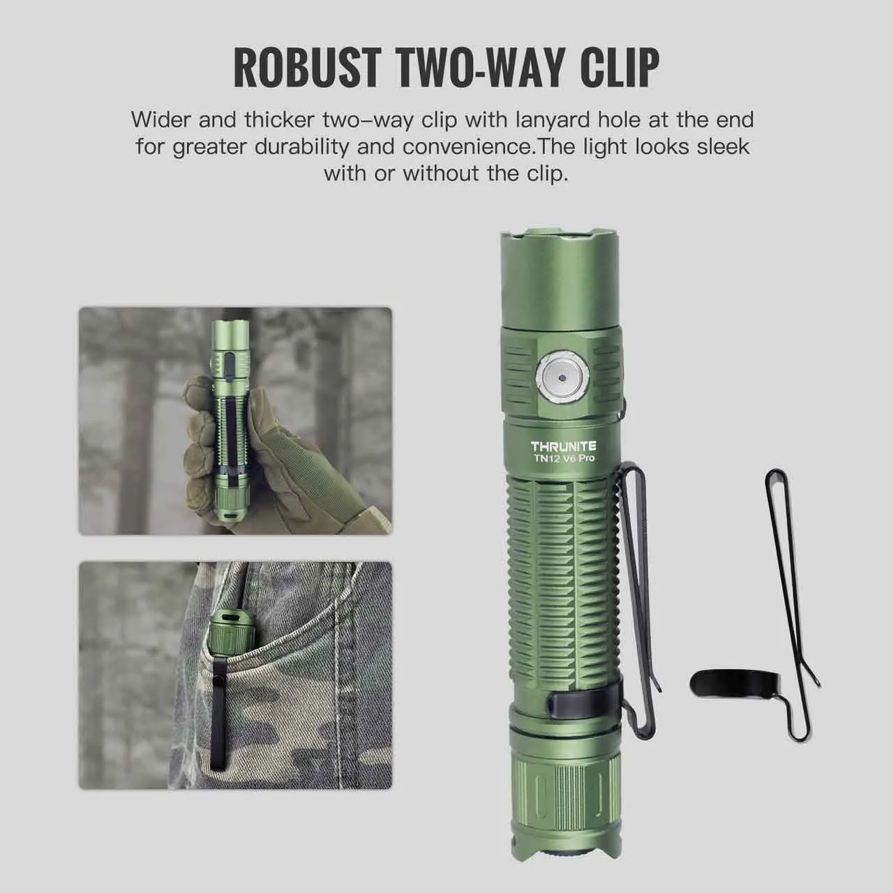 Thrunite TN12 V6 Pro Green 1705 lumen Tactical Led Torch with its robust two-way clip and pocket carry.