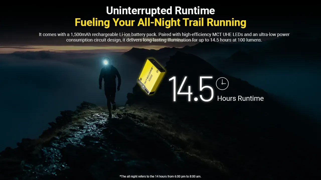 Nitecore UT27 headlamp providing 14.5 hours runtime for a trail runner on a mountain at dusk, showing battery pack.
