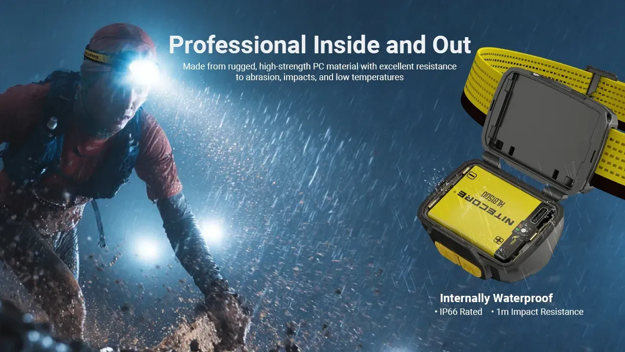 Nitecore UT27 headlamp's IP66 waterproof and 1m impact resistant design, shown with a runner in rain and mud.