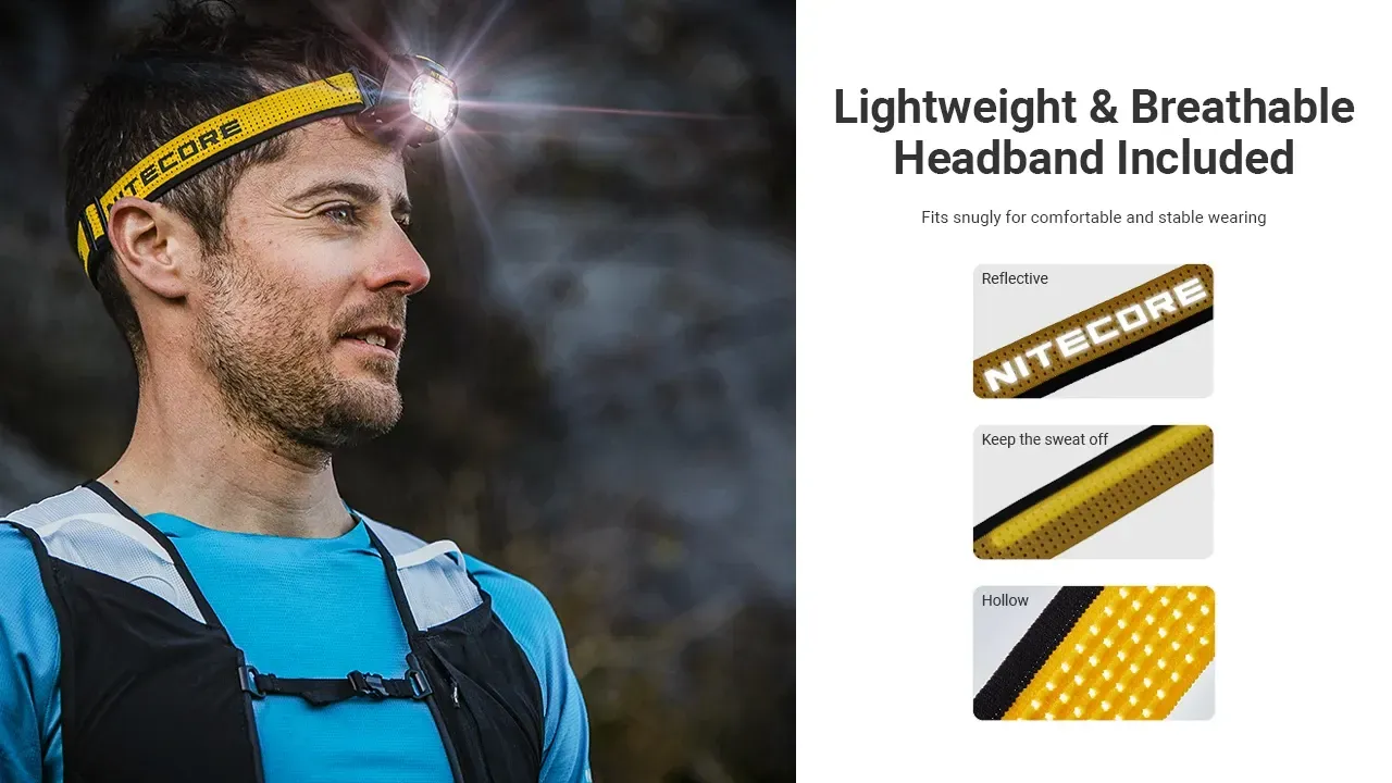 Nitecore UT27 headlamp with lightweight, breathable, and reflective headband, worn by a male runner.