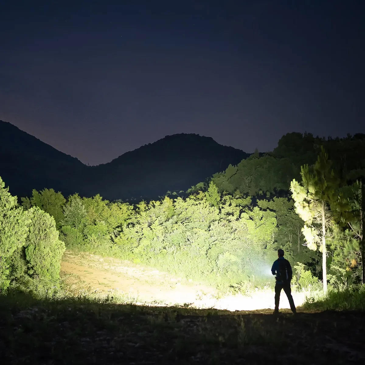 Weltool F5 flashlight beam illuminating a vast expanse of trees and ground in a dark, mountainous landscape at night.