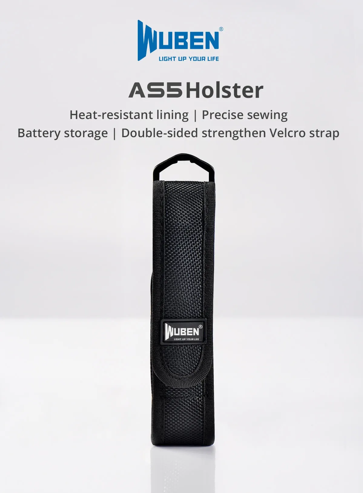Front view of the Wuben AS5 flashlight nylon holster, highlighting heat-resistant lining, precise sewing, and Velcro strap.