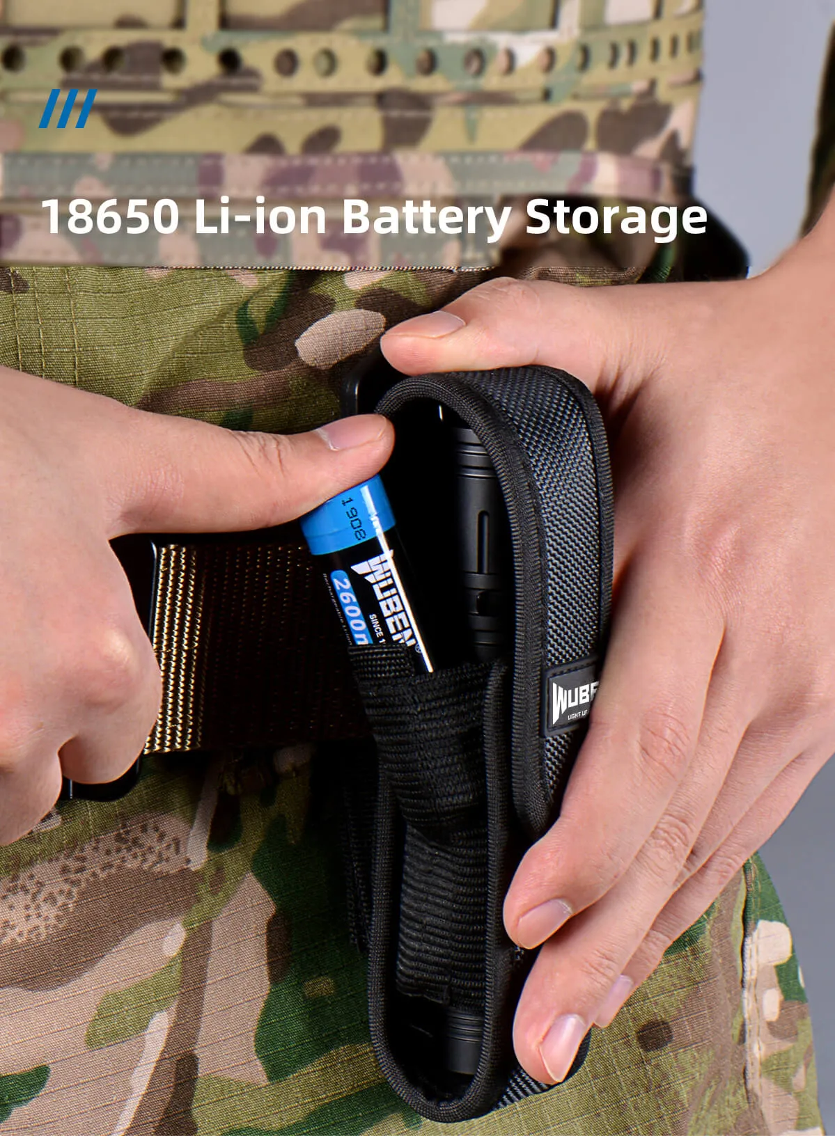 Wuben AS5 flashlight nylon pouch on a tactical belt, storing a 18650 Li-ion battery and a flashlight.