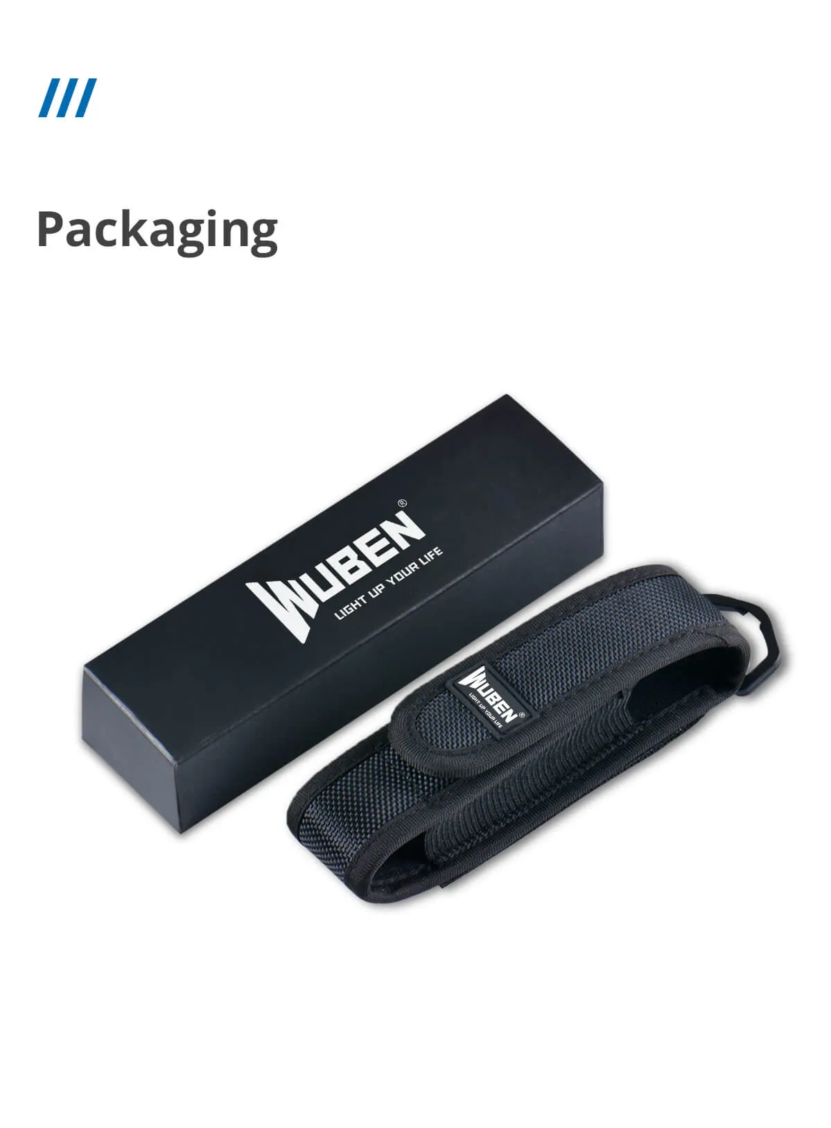 Wuben AS5 flashlight nylon pouch and its black retail packaging box on a white background.