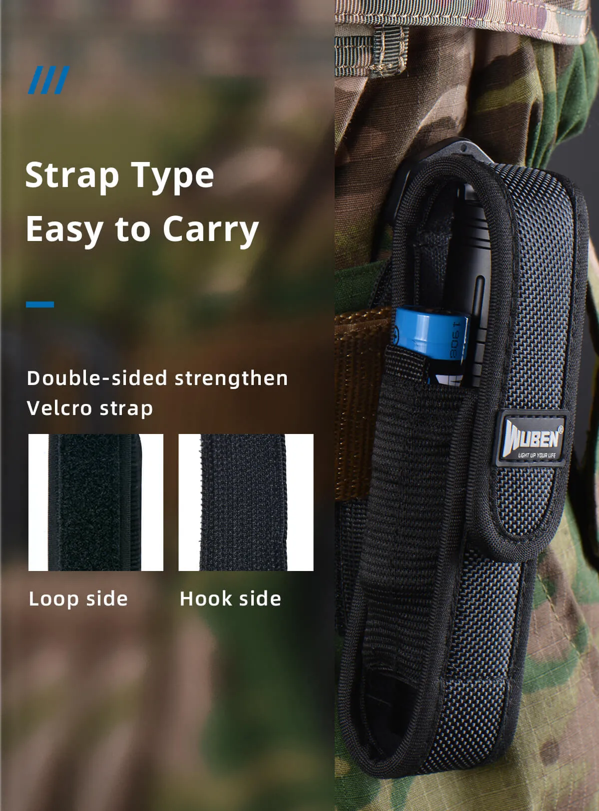 Wuben AS5 flashlight nylon pouch attached to a tactical vest, showing its double-sided strengthen Velcro strap.