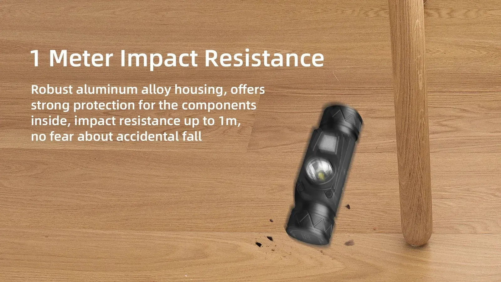 Wuben H1 headlamp on a wooden floor, demonstrating its 1-meter impact resistance with robust aluminum alloy housing.