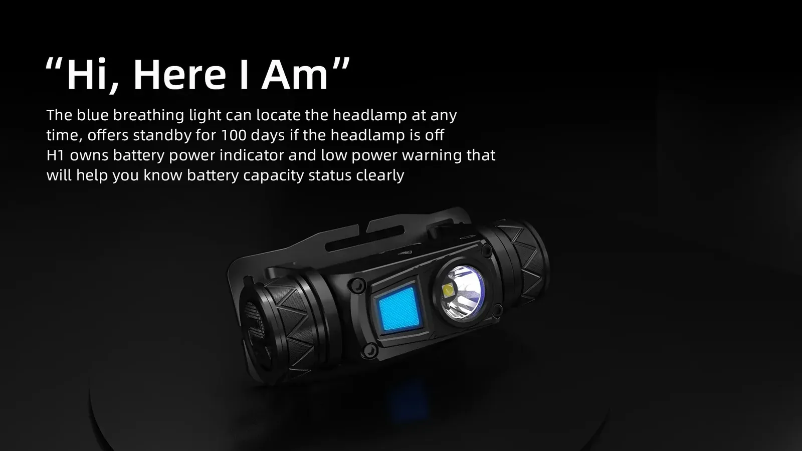 Wuben H1 headlamp with its blue breathing light on, indicating battery power and low power warning for easy location.