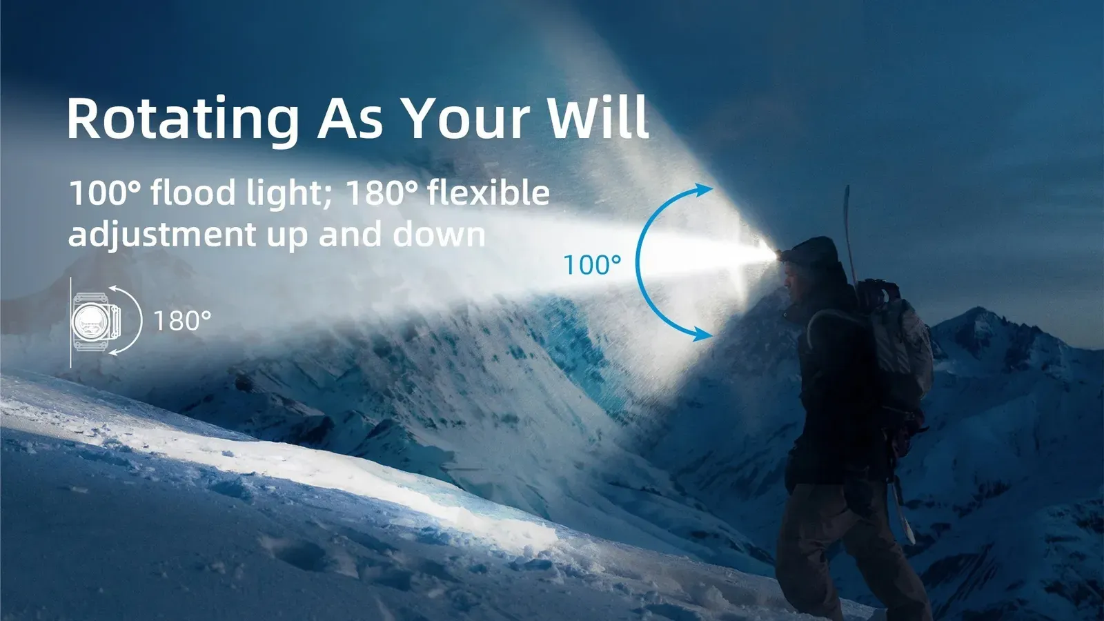 Wuben H1 headlamp's 100-degree flood light and 180-degree flexible adjustment used by a hiker on a snowy mountain.