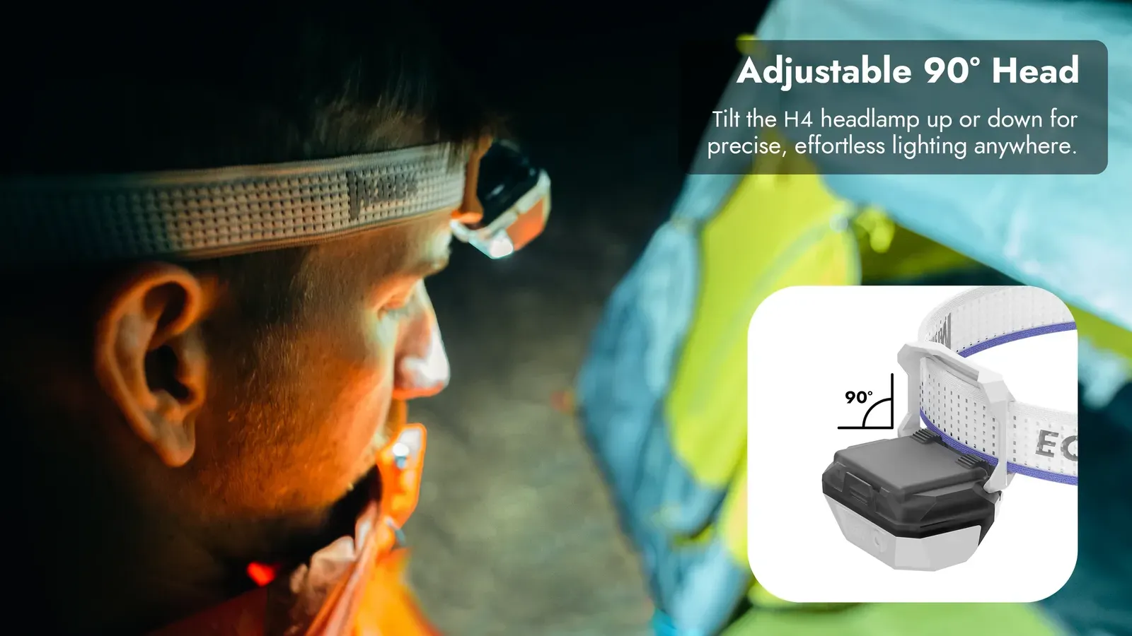 Close-up of a man wearing the Wuben H4 headlamp, highlighting its adjustable 90-degree tilt head for precise lighting.