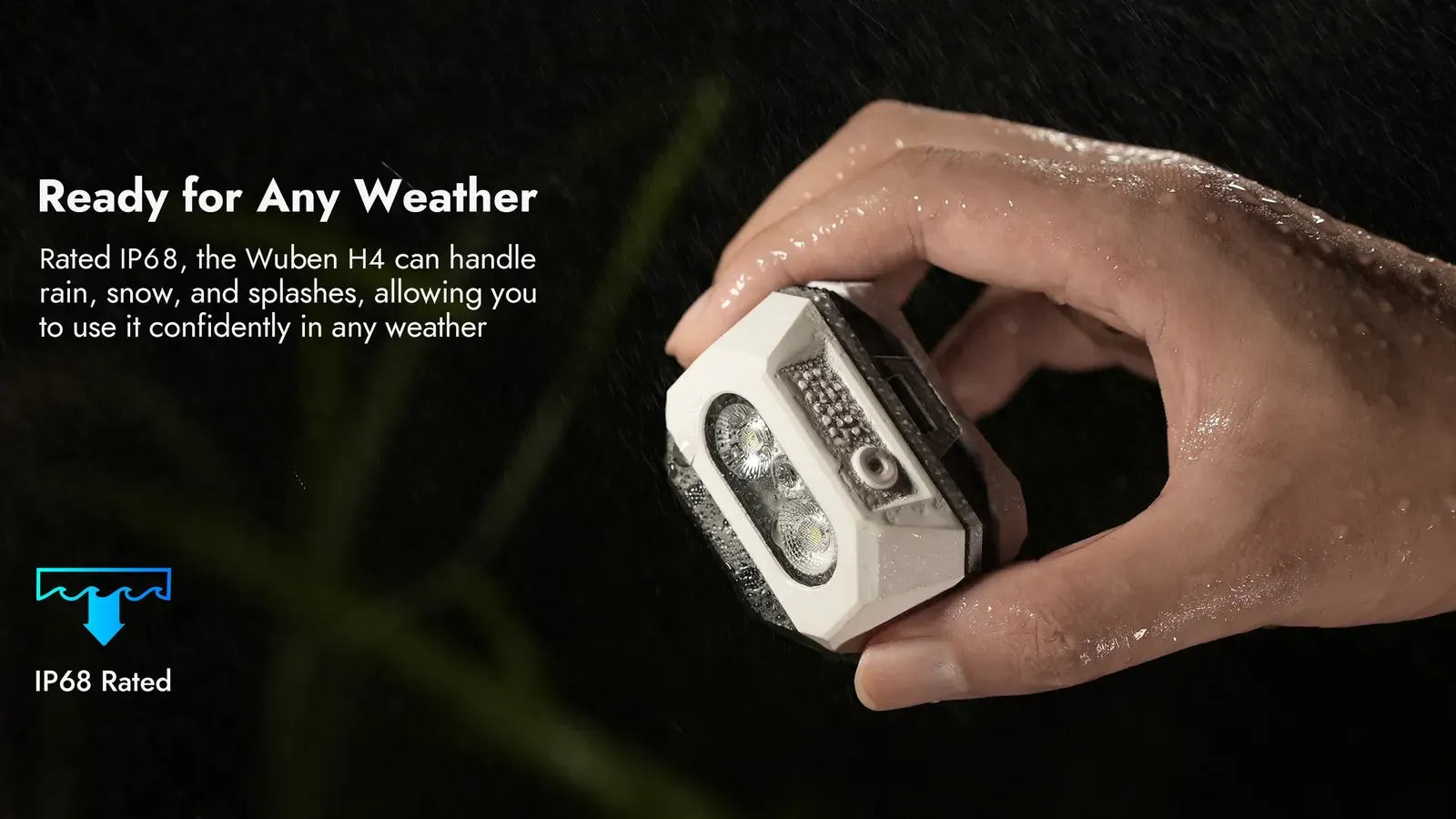 Hand holding the Wuben H4 headlamp under simulated rain, demonstrating its IP68 waterproof rating for all-weather use.