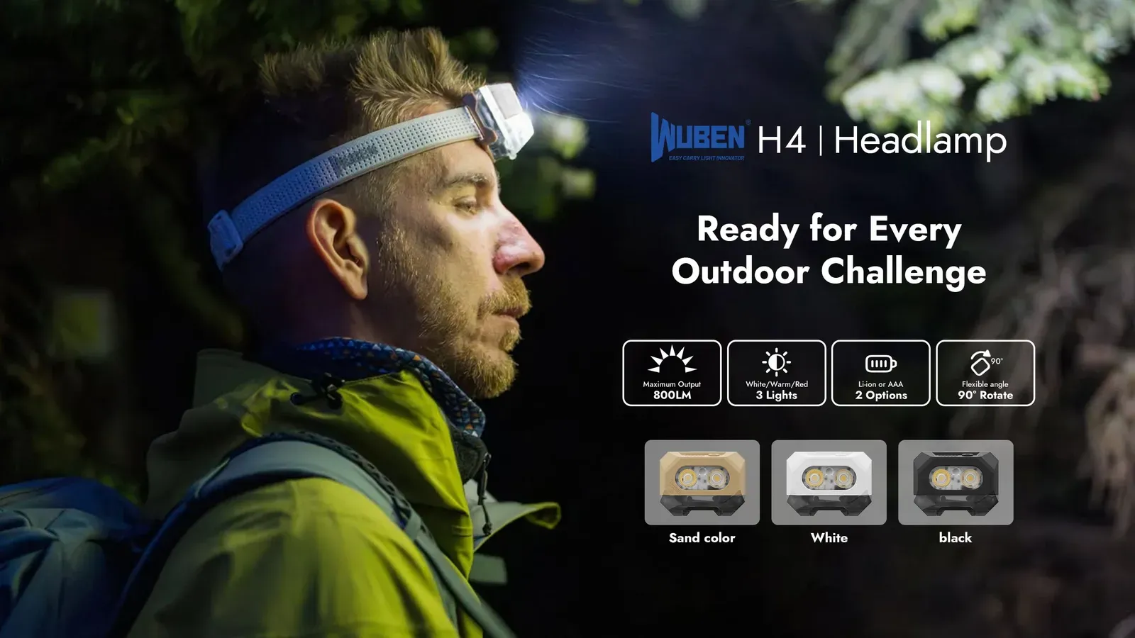 Man wearing the Wuben H4 headlamp in a dark outdoor setting, highlighting its features and available colors.