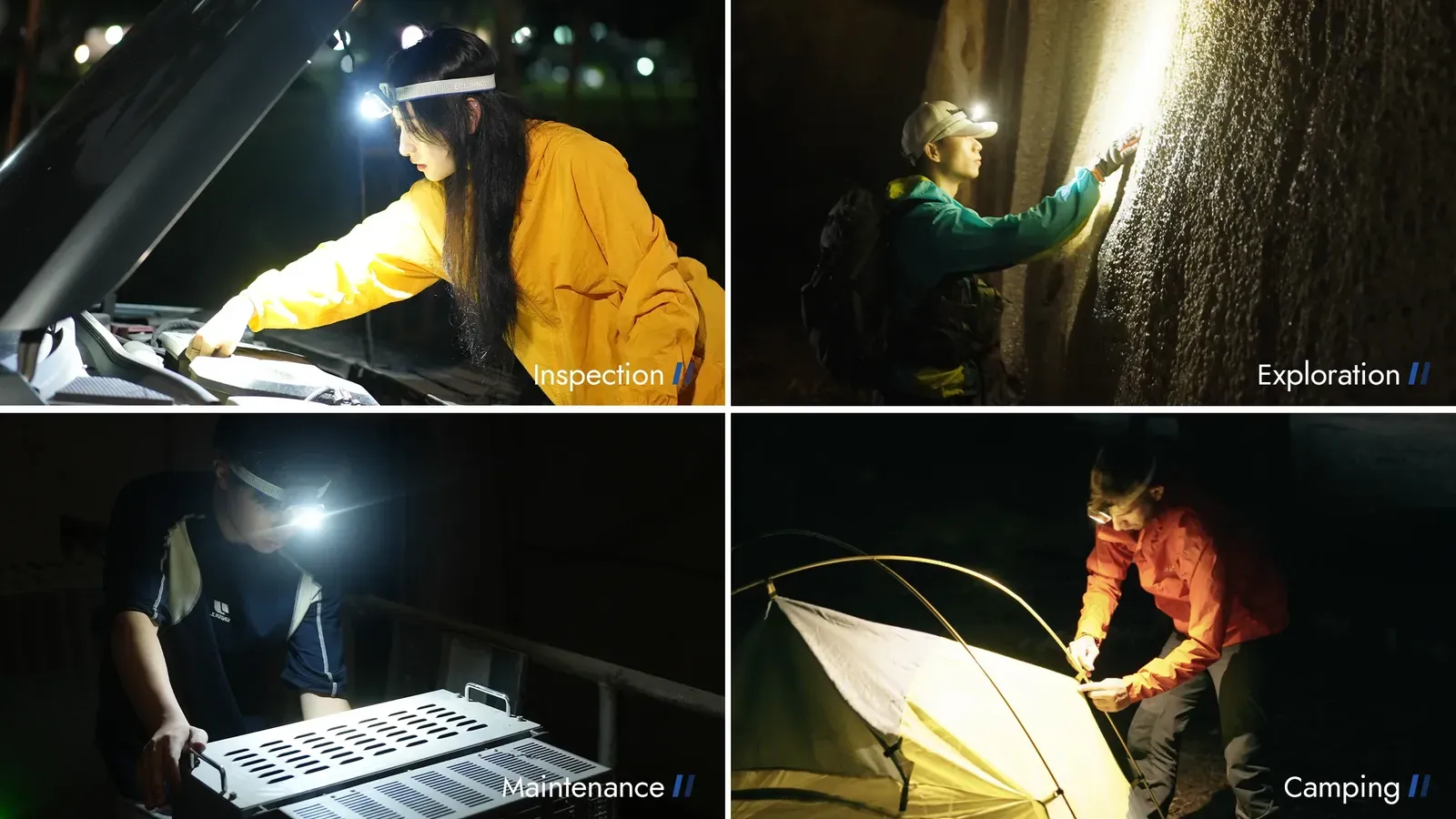 Collage showing the Wuben H4 headlamp used for inspection, exploration, maintenance, and camping in various dark environments.