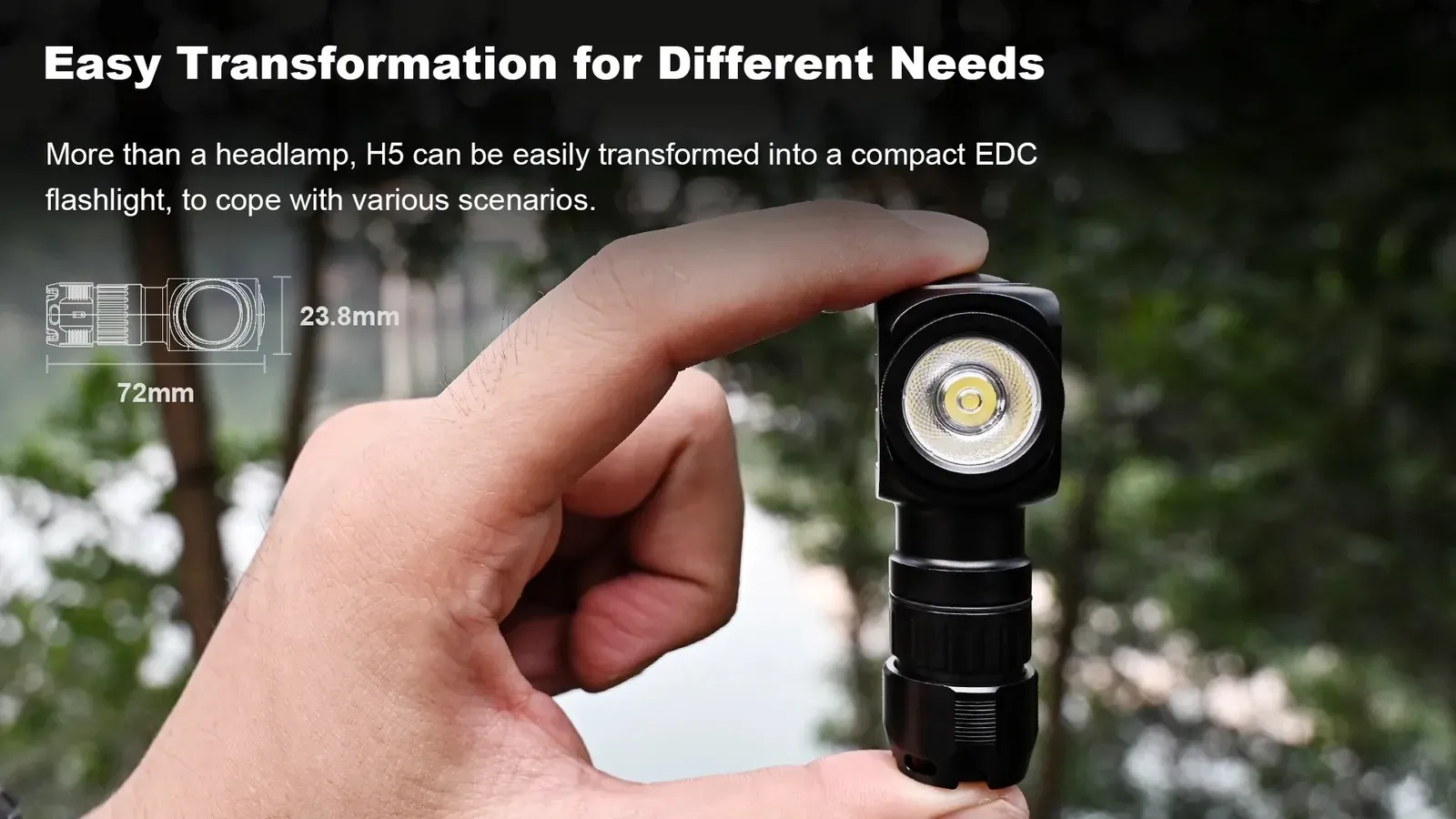 Hand holding the Wuben H5 headlamp, transformed into a compact EDC flashlight, showing its 72mm length.