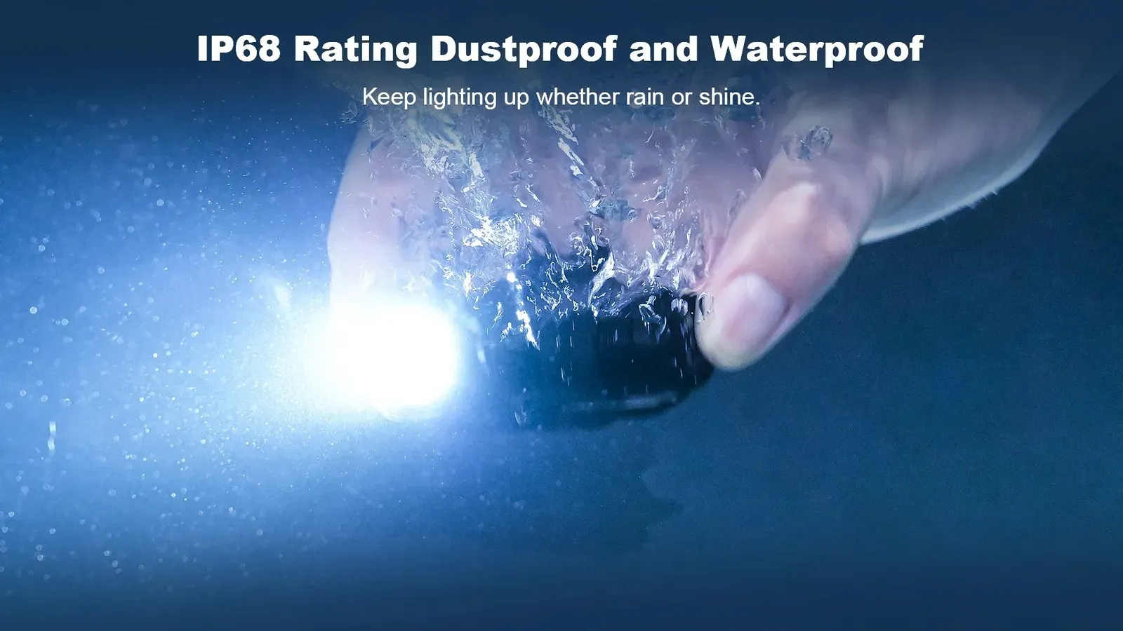 Wuben H5 headlamp submerged in water, held by a hand, showcasing its IP68 dustproof and waterproof rating.