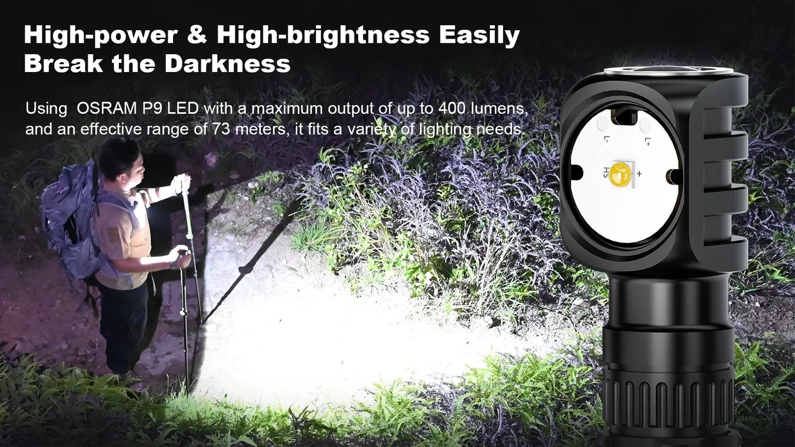 Wuben H5 headlamp with OSRAM P9 LED, 400 lumens, illuminating a hiker at night with a 73-meter effective range.