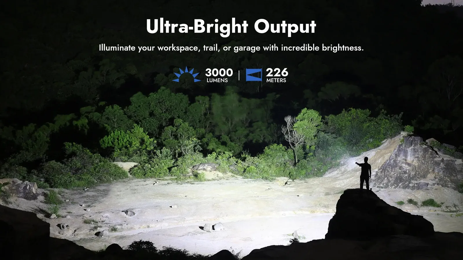 Wuben L3 3000 lumens flashlight illuminating a wide area at night, demonstrating its ultra-bright output.