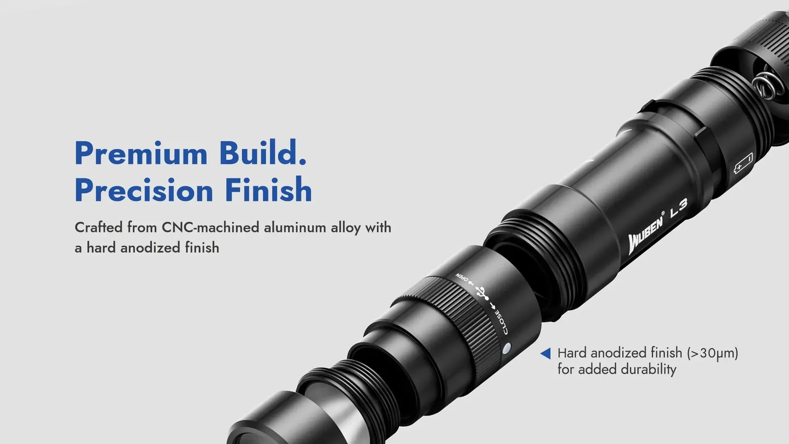 Exploded view of Wuben L3 flashlight components, showcasing its CNC-machined aluminum alloy and hard anodized finish.
