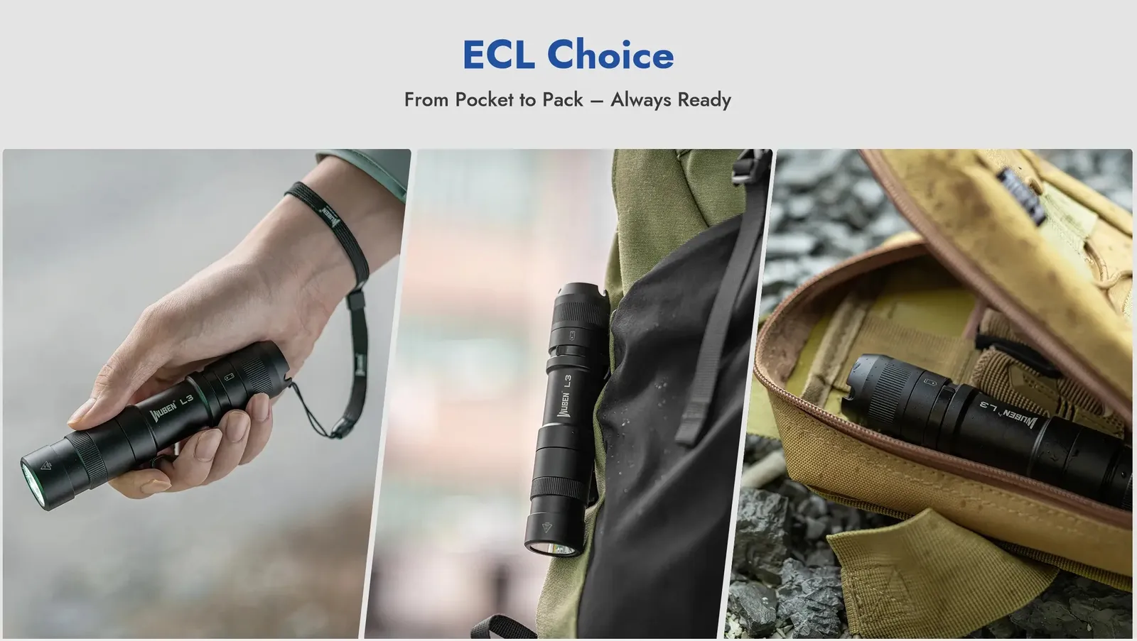 Wuben L3 EDC tactical flashlight carried in hand with lanyard, clipped to a backpack, and stored in a tactical pouch.