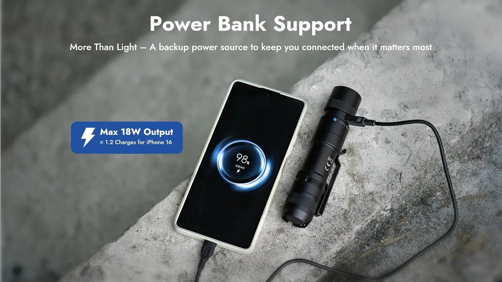 Wuben L3 tactical flashlight acting as a power bank, charging a smartphone with 18W output.