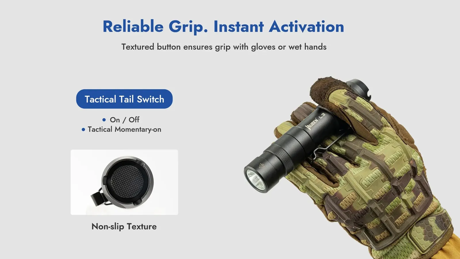 Gloved hand holding Wuben L3 flashlight, highlighting its tactical tail switch and non-slip textured grip.