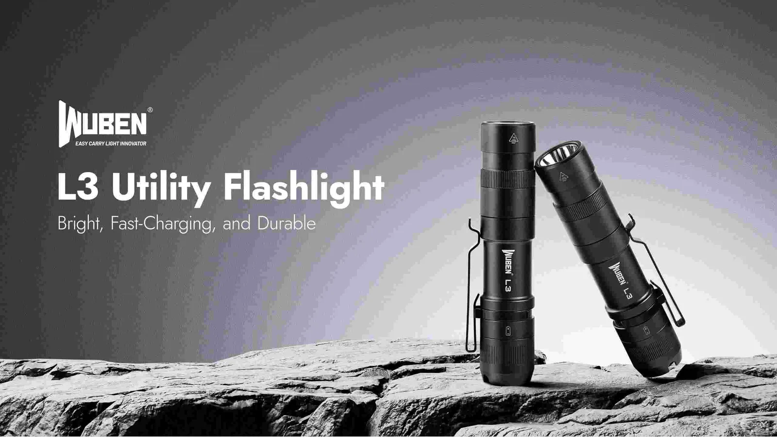Two Wuben L3 utility flashlights standing on a rocky surface, highlighting its bright, fast-charging, and durable features.